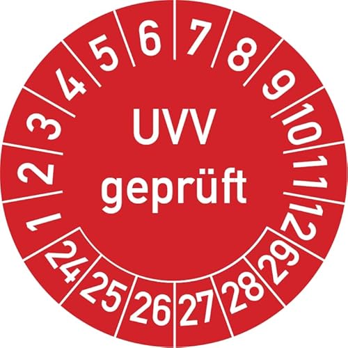 UVV Geprüft Prüfplakette, 100 Stück, in verschiedenen Farben und Größen, Prüfetikett Prüfsiegel Plakette (30 mm Ø, Rot) von Rosenbaum Offsetdruck
