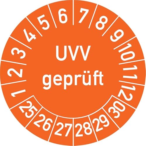 UVV Geprüft Prüfplakette, 100 Stück, in verschiedenen Farben und Größen, Prüfetikett Prüfsiegel Plakette (35 mm Ø, Orange) von Rosenbaum Offsetdruck