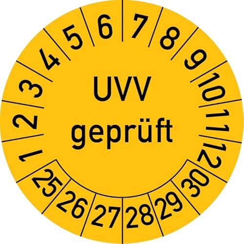 UVV Geprüft Prüfplakette, 250 Stück, in verschiedenen Farben und Größen, Prüfetikett Prüfsiegel Plakette (25 mm Ø, Gelb) von Rosenbaum Offsetdruck
