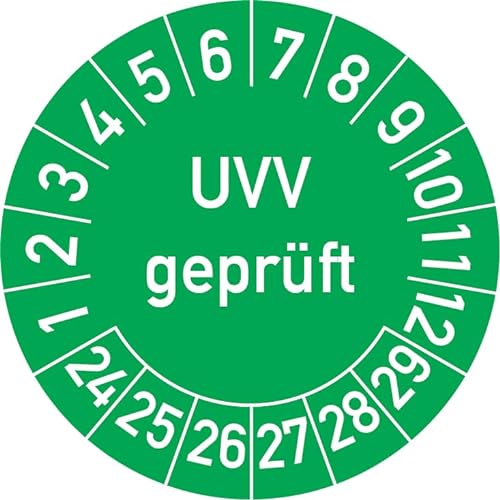 UVV Geprüft Prüfplakette, 250 Stück, in verschiedenen Farben und Größen, Prüfetikett Prüfsiegel Plakette (35 mm Ø, Grün) von Rosenbaum Offsetdruck
