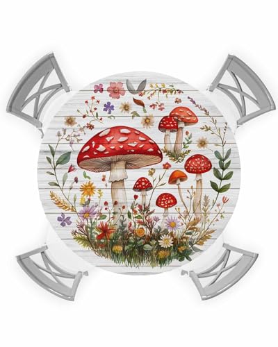 Runde Tischdecke mit Frühlingspilz, Vintage-Blumenmuster, wasserdicht, passend für runde Tische mit Blumenmuster, Holzmaserung, abwischbare Tischdecke für Esszimmer, Picknick, Party von Roses Garden