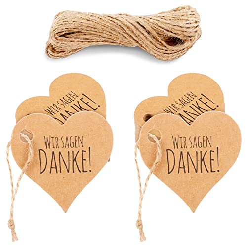 RosewineC 100 Stück Geschenkanhänger Kraftpapier WIR Sagen Danke Anhänger, Kraftpapier Anhänger mit Schnur Etiketten Herzanhänger für Hochzeit Geburtstag Weihnachten Valentinstag Geschenkverpackung von RosewineC