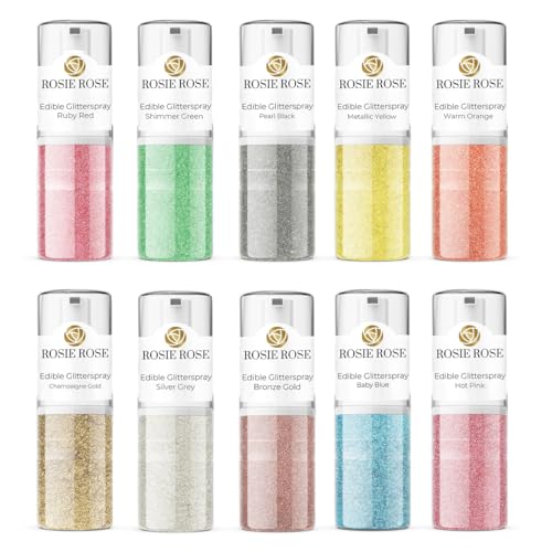 Rosie Rose Glitterspray Set, Essbares Glitzer für Muffins, 10 x 5g, Torten und Kuchen in allen Farben, Perfekte Tortendekoration für glamouröse Anlässe, Getränke oder andere kreative Backkreationen von Rosie Rose