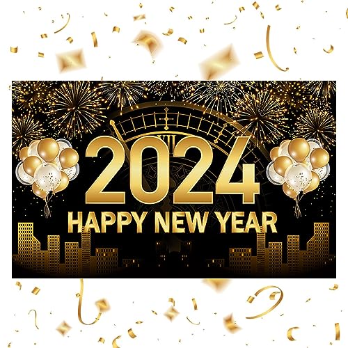 Rosixehird 2024 Frohes Neues Jahr Dekorationen - Frohes neues Jahr, schwarzer Hintergrund, Banner mit Feuerwerk-Designs | Silvester-Partyzubehör für draußen und drinnen, Neujahrsparty-Dekoration von Rosixehird
