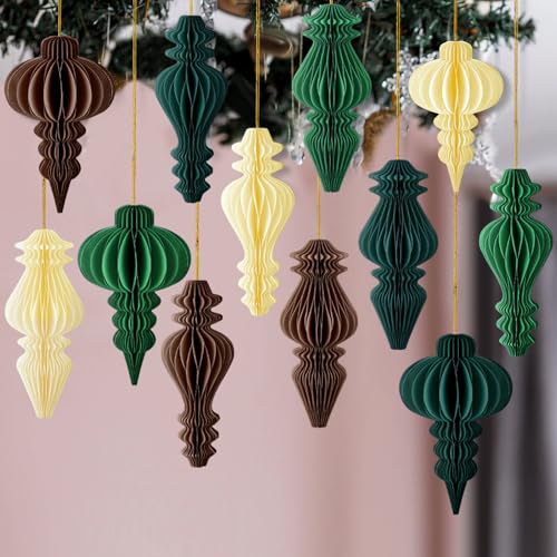 Rossesay 12 Stück Weihnachtspapier Wabenornamente 20 cm Neutral Wabenpapier Hängende Dekorationen Neutrale Papierlaterne Ornament 3D Hängende Kugeln für Weihnachtsbaum Party Decke Home Decor von Rossesay