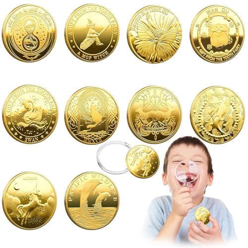 RosyFate Zahnfee Münzen, 10 Stück Zahnfee Goldtaler, mit Verschiedenen Mustern, Zahnfee Geschenke Mädchen Jungen, Gedenkmünze,Verlorenen Zahn Kinder Geschenke Souvenir von RosyFate