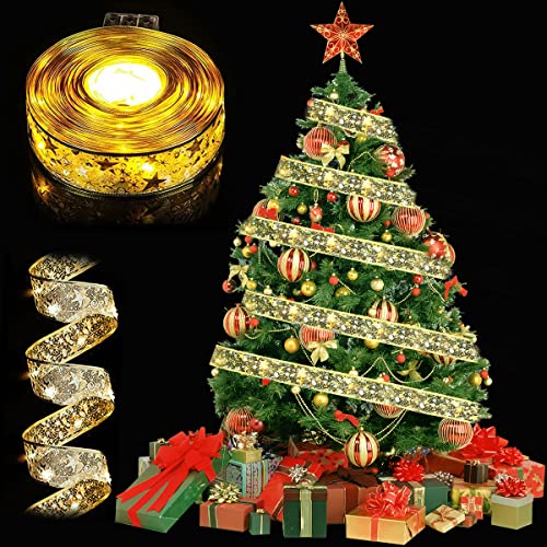 RosyFate Weihnachtsbaum Lichterkette LED, 5M Weihnachtsbaum Band, Glitzer Band, Weihnachtsbaum Deko Led, Weihnachten Lichterkette, Weihnachtsbeleuchtung Außen &Innen, Gold, Warmes Licht von RosyFate