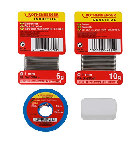 ROTHENBERGER Industrial bleifreies Radio-Elektronikset | 1x Salmiakstein; 1x Entlötlitze; 1x Elektroniklot – 6 g; 1x Radiolot – 10 g | 1500002912 von Rothenberger
