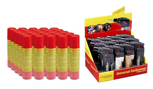ROTHENBERGER Industrial 12x Sturmfeuerzeug und 25x Nachfüllgas 100 ml | Universalbrenner | Lötbrenner | wiederbefüllbar | Regulierbare und windsichere Flamme | schwarz, Silber, Kupfer von Rothenberger