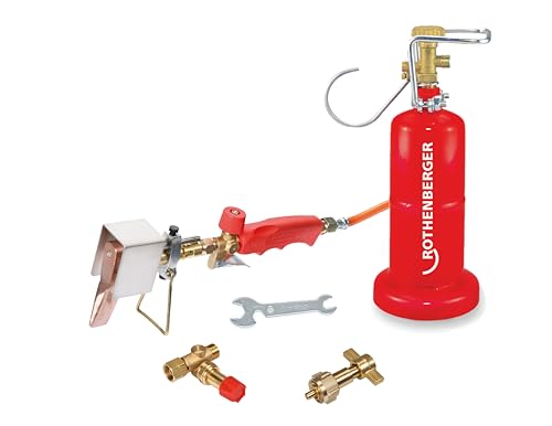 ROTHENBERGER Industrial Dachrinnen Fallrohr Lötset Kupferlötkolben inklusive 2,0 m Propangas-Schlauch, Handwerkerflasche 0,5 kg, Propanregler 0,5-6 bar, Propanumfüllstutzen, 800°C Arbeitstemperatur von Rothenberger