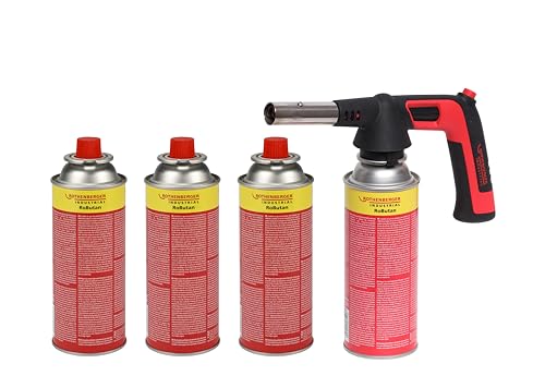 ROTHENBERGER Industrial RS 220 Brenner Aufsatz inkl. 4 x RoButan Kartusche 220g | Piezo Zündung | 180-360 °C Drehung/Über Kopf Betrieb möglich | Lötbrenner | Gasbrenner von Rothenberger