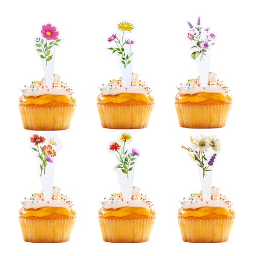 24 Stück Wildblumen-Cupcake-Topper, Einweg-Cupcake-Dekorationen, Papier-Blumen-Kuchenaufsätze für Geburtstagsfeiern, Hochzeiten, Festtage (24 Stück, mehrfarbig) von Roucerlin
