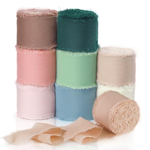Roucerlin Chiffonband, gemischte Farben, 2,8 cm x 49,2 m, 5,4 m x 9 Rollen, ausgefranstes Seidenband, schönes Hochzeitsband für Blumenstrauß, Geschenke, Verpackungen, Einladungen, Brautdekorationen Roucerlin Chiffonband, gemischte Farben, 2,8 cm x 49,2 m, 5,4 m x 9 Rollen, ausgefranstes Seidenband, schönes Hochzeitsband für Blumenstrauß, Geschenke, Verpackungen, Einladungen, Brautdekorationen von Roucerlin