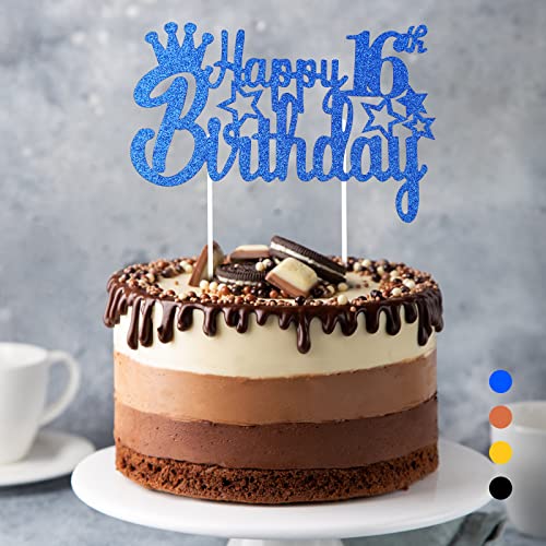 Happy Birthday Tortendeko Geburtstag, Cake Topper Geburtstag, Glitter Cake Topper Happy Birthday, Tortendeko Schwarz, Cupcake Topper für Mädchen Jungen Frauen Mann (Blau - 16. Geburtstag) von Rouclo