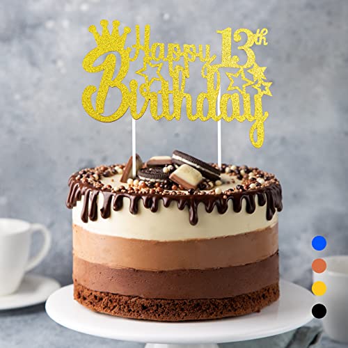 Happy Birthday Tortendeko Geburtstag, Cake Topper Geburtstag, Glitter Cake Topper Happy Birthday, Tortendeko Schwarz, Cupcake Topper für Mädchen Jungen Frauen Mann (Gold - 13. Geburtstag) von Rouclo
