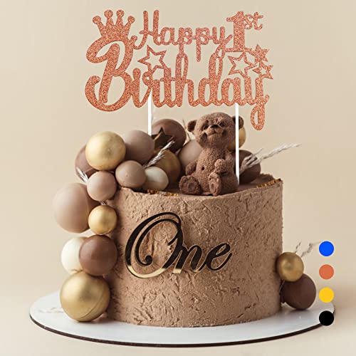 Happy Birthday Tortendeko Geburtstag, Cake Topper Geburtstag, Glitter Cake Topper Happy Birthday, Tortendeko Schwarz, Cupcake Topper für Mädchen Jungen Frauen Mann (Roségold - 1. Geburtstag) von Rouclo