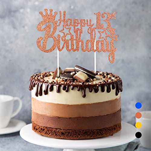Happy Birthday Tortendeko Geburtstag, Cake Topper Geburtstag, Glitter Cake Topper Happy Birthday, Tortendeko Schwarz, Cupcake Topper für Mädchen Jungen Frauen Mann (Roségold - 13. Geburtstag) von Rouclo