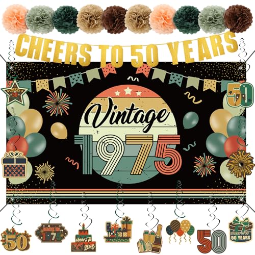RoundFunny 24 Stück Vintage 50. Geburtstag Dekorationen für Männer Frauen 1975 Banner Dekorationen, einschließlich Back in 1975 Hintergrund, Cheers to 50 Years Banner, 12 hängende Wirbel, 10 RoundFunny 24 Stück Vintage 50. Geburtstag Dekorationen für Männer Frauen 1975 Banner Dekorationen, einschließlich Back in 1975 Hintergrund, Cheers to 50 Years Banner, 12 hängende Wirbel, 10 von RoundFunny