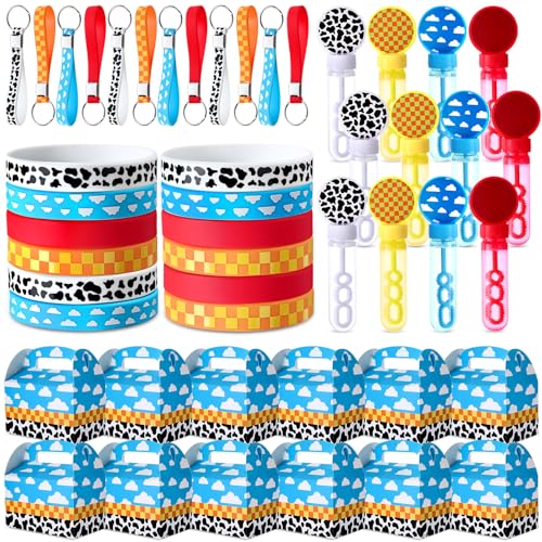 RoundFunny 48-teiliges Cartoon-Partygeschenk-Set für Kinder, enthält 12 Silikon-Stretch-Armbänder mit Cartoon-Motiv, 12 Silikon-Schlüsselanhänger, 12 Geschenkboxen, 12 Seifenblasenstäbe für von RoundFunny