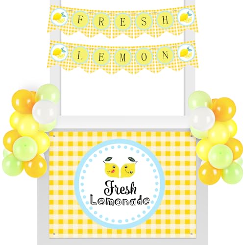 RoundFunny Limonadenständer-Set, Limonadenständer, Dekoration, inklusive Tischdecke, 2 Girlanden und 40 Latexballons für frisch gepresste Sommer-Zitrone, Geburtstag, Babyparty, Party (kariert) von RoundFunny