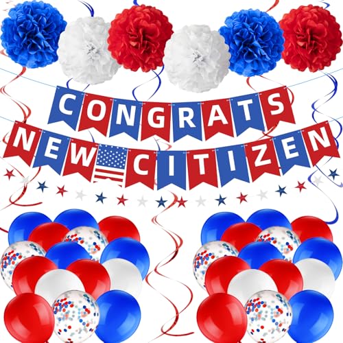 RoundFunny New US Citizenship Decorations New Citizenship Congratulations Banner American Flag Blue White and Red New Citizen Party Supplies Kit for Men Women with Pom Poms Balloons Star Streamer RoundFunny New US Citizenship Decorations New Citizenship Congratulations Banner American Flag Blue White and Red New Citizen Party Supplies Kit for Men Women with Pom Poms Balloons Star Streamer von RoundFunny