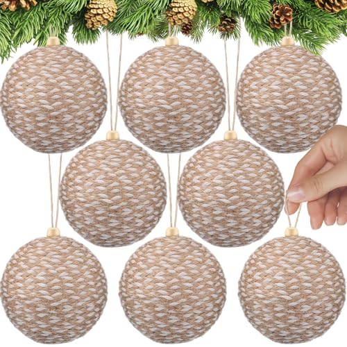RoundFunny Weihnachtskugeln, Boho, Bauernhaus, Juteseil, zum Aufhängen, 10,2 cm, neutrale, rustikale Ornamente für Weihnachtsbaum, Urlaub, Kranz, Girlande, Hochzeit, Zuhause, 8 Stück von RoundFunny