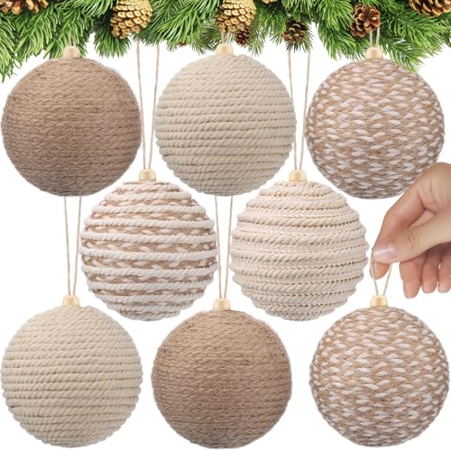 RoundFunny Weihnachtskugeln, Boho, Bauernhaus, Juteseil, zum Aufhängen, 10,2 cm, neutrale, rustikale Ornamente für Weihnachtsbaum, Urlaub, Kranz, Girlande, Hochzeit, Zuhause, 8 Stück von RoundFunny