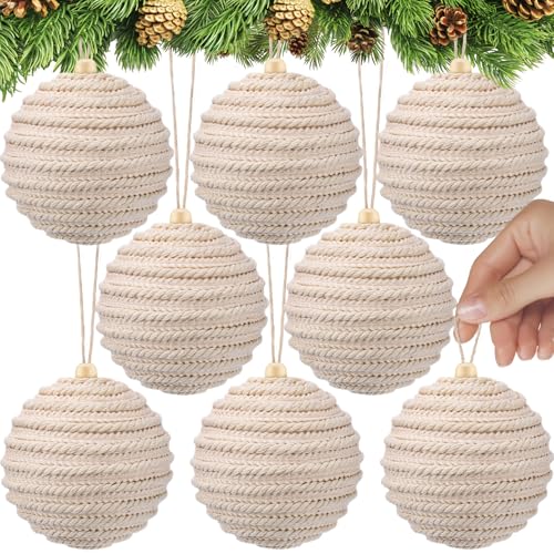 RoundFunny Weihnachtskugeln, Boho, Bauernhaus, Juteseil, zum Aufhängen, 10,2 cm, neutrale, rustikale Ornamente für Weihnachtsbaum, Urlaub, Kranz, Girlande, Hochzeit, Zuhause (Stil A), 8 Stück von RoundFunny