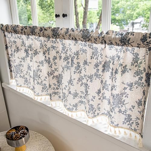 RoxNvm Leinen Scheibengardinen Landhausstil, 150 x 46cm Pflanzenmuster Gestreifte Küchengardinen Landhausstil, Kurzgardinen, Fenstergardinen Scheibengardinen Küche mit Dekoriert Wohnzimmer (B) von RoxNvm
