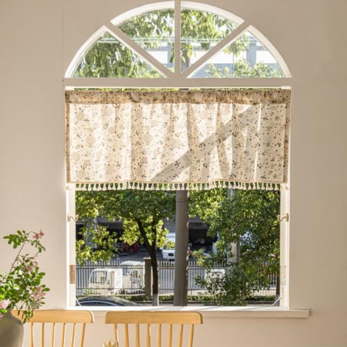 RoxNvm Leinen Scheibengardinen Landhausstil, 150 x 46cm Pflanzenmuster Gestreifte Küchengardinen Landhausstil, Kurzgardinen, Fenstergardinen Scheibengardinen Küche mit Dekoriert Wohnzimmer (C) von RoxNvm