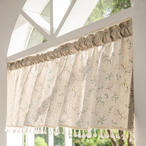 RoxNvm Leinen Scheibengardinen Landhausstil, 150 x 46cm Pflanzenmuster Gestreifte Küchengardinen Landhausstil, Kurzgardinen, Fenstergardinen Scheibengardinen Küche mit Dekoriert Wohnzimmer (E) von RoxNvm