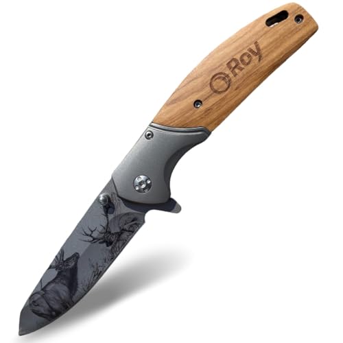 Roy Klappmesser mit Holzgriff - Multifunktions Taschenmesser Outdoor Messer Gürtelclip Messer mit graviertem Klinge, Camping Messer von Roy