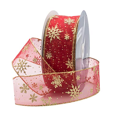 Royal Imports Holiday Organza-Schleifenband mit Draht, 3,8 cm (Nr. 9), für Floral- und Basteldekoration, 50 m Rolle (150 m Spule) Snowflake rot / goldfarben von Royal Imports