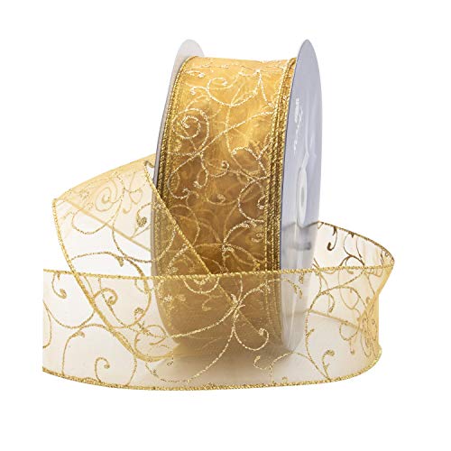 Royal Imports Holiday Organza-Schleifenband mit Draht, Geschenkband, Stoffband, 3,8 cm (Nr. 9), für Floral- und Basteldekoration, 50 m Rolle (150 m Spule) Swirl GoldGold von Royal Imports