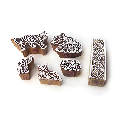 Handcrafted Tiger und Elefant Designs Hölzern Blöcke für Drucken (Set von 6) von Royal Kraft
