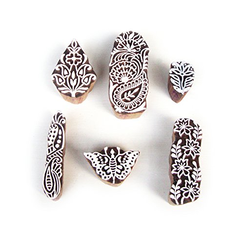 Jaipuri Schmetterling und Blumen Designs Holz Blöcke Stempel (Set von 6) von Royal Kraft