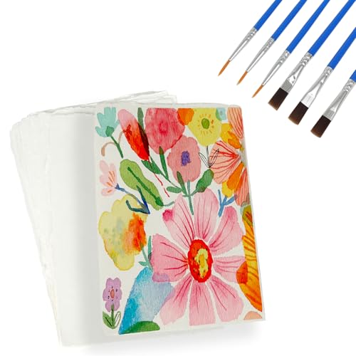 300GSM Büttenpapier, A5/21 x 14.8cm Aquarellpapier Handgeschöpftes Blankopapier Zeichenpapier Baumwollpapier für Gemälde Briefe Handwerke 25 Blätter mit 6 Stück Künstlerpinsel (31) von RoyalChic
