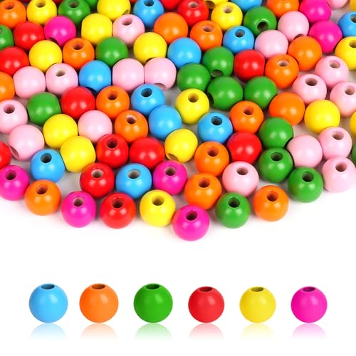 RoyalChic 300 Stück Holzperlen Bunt zum Auffädeln — 13 mm und 14 mm Natürliche Runde Holz Bunte Perlen für DIY Schmuck Herstellung, Dekorationen, Halskette(Mit Seil) (Bunte) von RoyalChic
