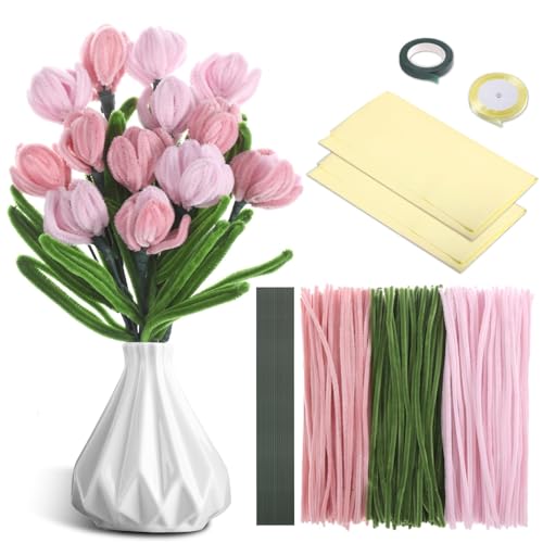 300 Stück rosa und grüne Pfeifenreiniger-Bastelbedarf, DIY-Tulpenstrauß-Set mit Chenille-Stielen und Blumendrähten, Gartenband und Band (gelb), 2 Geschenkpapiere für Blumensträuße von Royaya