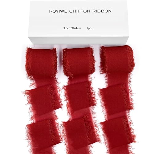 Schleifenband breit|3,8cm x 19,2m| 3 Rollen Geschenkband Hochzeit Chiffonband Stoffband Fransenband Bänder zum basteln (Rot) von Royiwe