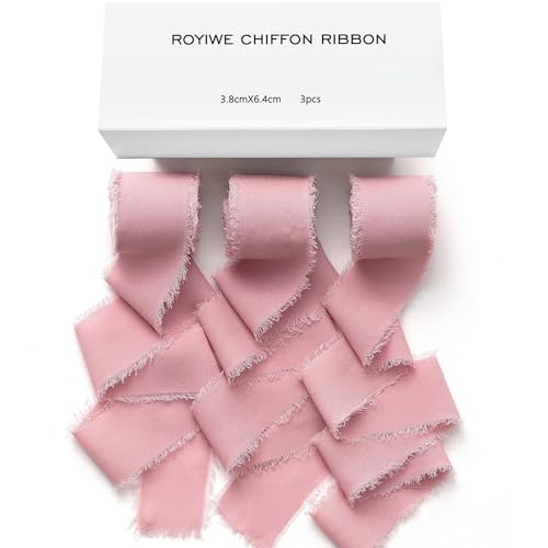 Schleifenband breit Rosa |3,8cm x 19,2m| 3 Rollen Handgemachtes Fransen Geschenkband Hochzeit Chiffonband Stoffband Fransenband Bänder zum basteln für Hochzeitseinladungen, Brautsträuße (Altrosa) von Royiwe