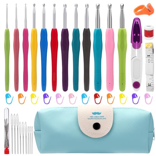 ROYOUZI Häkelnadel Set, 11 Stück Rutschfestes Garn Stricknadel Set, 40 Teiliges Häkelset für Anfänger mit Häkelzubehör, Ergonomisches Häkelnadel-Set aus Weichem Gummi mit Tragbarer Tasche von Royouzi