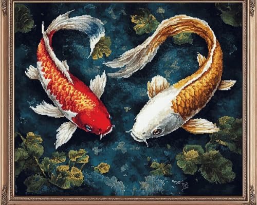 Kreuzstich Set Vorgedruckt,Zwei Koi-Karpfen 14Ct 40X50Cm Stickvorlagen Stickbilder Vorgedruckt Kreuzstich Stickpackungen Stickpackung Tier Cross Stitch Embroidery Kit Stickset Sticken Set Er von Rqwybcaxn