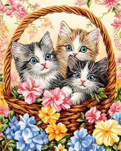 Kreuzstich Stickpackungen Vorgedruckt Set Erwachsene,Katzen Im Blumenkorb 14Ct 40X50Cm Stickvorlagen Stickbilder Vorgedruckt Kreuzstich Stickpackung Sticken Stickbild Set Für Erwachsene Anfä von Rqwybcaxn