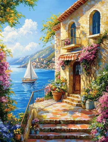 Rqwybcaxn 14Ct Gestempelte Kreuzstich-Sets, Diy Cross Stitch Stickpackung Craft Buntes Haus Mit Blumen Handarbeiten Vorgedruckter Stickerei-Starter-Kit Für Anfänger(40X50Cm) von Rqwybcaxn