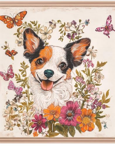 Rqwybcaxn 14Ct Gestempelte Kreuzstich-Sets, Diy Cross Stitch Stickpackung Craft Hund Und Blumen Und Schmetterlinge Handarbeiten Vorgedruckter Stickerei-Starter-Kit Für Anfänger(40X50Cm) von Rqwybcaxn