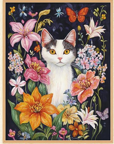 Rqwybcaxn 14Ct Gestempelte Kreuzstich-Sets, Diy Cross Stitch Stickpackung Craft Katzen Und Blumen Handarbeiten Vorgedruckter Stickerei-Starter-Kit Für Anfänger(40X50Cm) von Rqwybcaxn