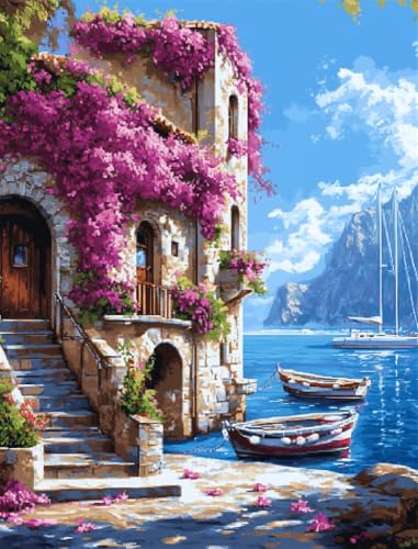 Rqwybcaxn 14Ct Gestempelte Kreuzstich-Sets, Diy Cross Stitch Stickpackung Craft Schönes Haus Mit Rosa Blumen Handarbeiten Vorgedruckter Stickerei-Starter-Kit Für Anfänger(40X50Cm) von Rqwybcaxn