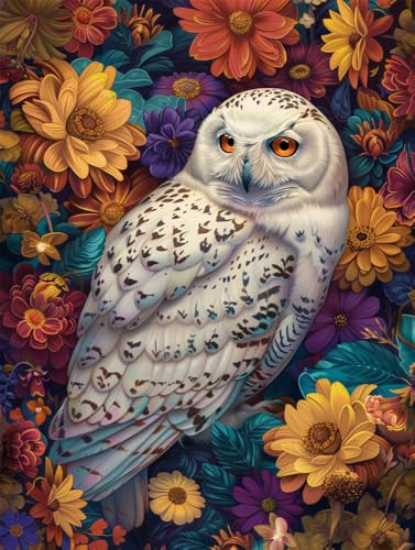 Rqwybcaxn 14Ct Gestempelte Kreuzstich-Sets, Diy Cross Stitch Stickpackung Craft Weiße Eule Auf Bunten Blumen Handarbeiten Vorgedruckter Stickerei-Starter-Kit Für Anfänger(40X50Cm) von Rqwybcaxn