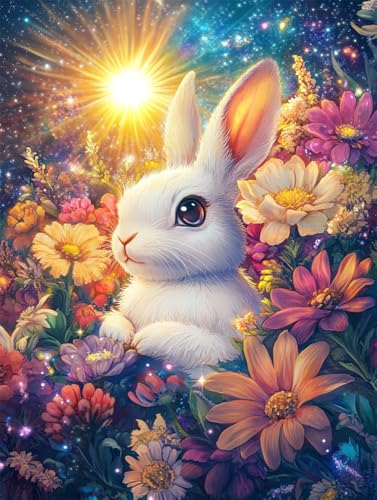 Rqwybcaxn 14Ct Gestempelte Kreuzstich-Sets, Diy Cross Stitch Stickpackung Craft Weißes Kaninchen Umgeben Von Bunten Blumen Handarbeiten Vorgedruckter Stickerei-Starter-Kit Für Anfänger(40X50Cm) von Rqwybcaxn